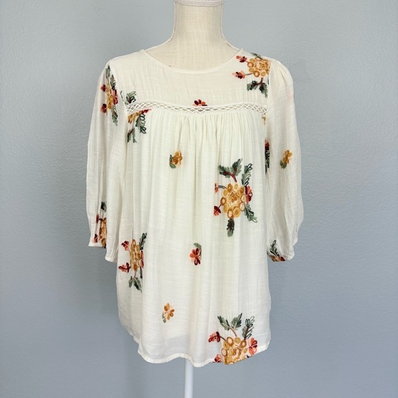 ANTHRO Fig & Flowers Floral Embroidered 3/4 Sleeve Top Sz M - Picture 1 of 11